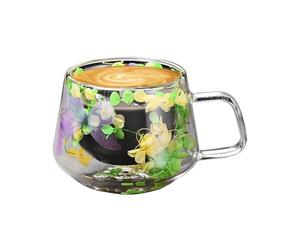 Glass Coffee Mugs - Double Walled 200ml Cups, Insulated Floral Fusion Drinkware with Heat Resistant Anti Scald Grip, Clear Thermal Layer Design, Ideal for Cappuccino Latte Tea Hot Cold Beverages