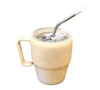 Glass Cups - Glass Cups With Lids And Straws - Letter Printed Glasses Drinking Contaier With Lids And Reusable Straws | Stylish Coffee Mugs For Hot Cold Beverages, Decorative Clear Cup For Home