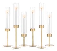 Glass Hurricane Candlestick Holders Gold - Romadedi Set of 6 Taper Candle Holder Bulk Tall Clear Glass Cylinder Table Centerpiece Wedding Decor Party Birthday Christmas Home Decorations