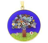 Glass Of Venice Millefiori Pendentif en Verre de Murano pour Femme Rond Multicolore Arbre de Vie sur Bleu 32 mm, Cadre et bélière en Argent Sterling plaqué Or .925