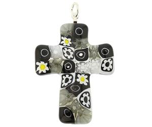 Glass Of Venice Pendentif Croix Murano Millefiori Noir et Blanc
