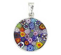 Glass Of Venice Petit Collier Pendentif millefiori en Verre de Murano Rond Multicolore dans Un Cadre en Argent Sterling pour Femme 3/4 Pouces 18 mm - Fait à la Main en Italie