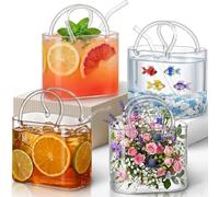 Glass Purse for Drink, 26oz Thickened Stable Base Glass Purse for Drinks Set with Straws, High Temperature Resistance, Unique Handbag Drinking Glasses for Juice, Iced Tea, Flowers, Fish Tank (4)