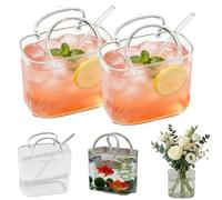 Glass Purse for Drinks,Handcrafted Purse Drinking Glass with Handle,Creative Purses Shaped Cocktail Glasses,Unique Wine Glasses with Straw for Fruit Juice Afternoon Tea Flowers (2)