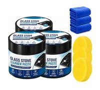 Glass Stove Cleaner Paste 80g with Sponge Burnt Stain Remover (3PCS) | Heavy Duty Degreaser, Burnt Residue Remover, Non-Scratch Cleaning Cream for Electric Cooktops, Ovens Surfaces