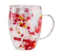 Glass Tea Cups - Clear/Pink, Ergonomic Handle Glass Mugs, Double-Layer Heat Insulation Coffee Cup, Dried Flowers Embedded Design, Borosilicate Glasses, 350ml Capacity | Birthday, New Year, Christmas,