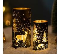 Glasseam Bougeoirs de NoËl: Lot de 2 Bougeoirs en Verre pour Bougies Piliers, Bougeoir Cylindrique, Noir, Doré