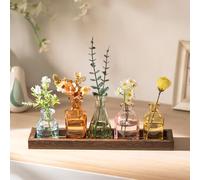 Glasseam Petits Vases pour Déco de Table: 5 Mini Vases à Fleurs Colorés avec Plateau en Bois pour Décoration de Salon ou de Table à Manger - Ensemble de Vases à Fleurs en Verre pour Cadeaux de Fête