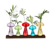 Glasseam Vase à Fleurs en Forme De Champignon, Vases en Verre pour Fleurs, Lot De 5, Station De Multiplication Moderne en Bois, Vases à Bourgeons pour La DéCoration, Jarre ColoréE pour Plantes