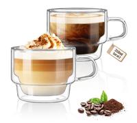 glastal 350 ml Tasse à Café Double Paroi Lot de 2, Empilable Tasses à Latte Macchiato, Verre à Thé avec Poignée, Tasse en Verre pour Cappuccino, Lait, Jus, Cadeau D'anniversaire pour Femme et Homme