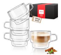 glastal 350 ml Tasse à Café Double Paroi Lot de 4, Empilable Tasses à Latte Macchiato, Verre à Thé avec Poignée, Tasse en Verre pour Cappuccino, Lait, Jus, Cadeau D'anniversaire pour Femme et Homme