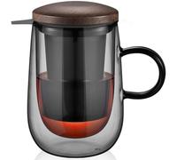 glastal 430 ml (Pleine Capacité) Tasse à thé en verre noir à double paroi avec passoire en métal, Tasse à thé en verre borosilicate, Pour thé noir, thé vert, thé aux fruits