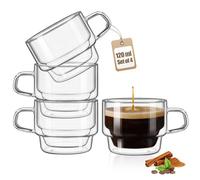 glastal Empilable Tasse à expresso 120 ml Tasse à Café Double Paroi Verre à Thé avec Poignée Lot de 4 Tasse en Verre pour Thé, Lait, Jus, Cadeaux Saint Valentin d'anniversaire pour Couples Parents