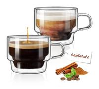 glastal Empilable Tasse à expresso 120 ml Tasse à Café Double Paroi Verre à Thé avec Poignée Lot de 2 Tasse en Verre pour Thé, Lait, Jus, Cadeaux Saint Valentin d'anniversaire pour Couples Parents