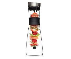 GLASWERK Carafe Eau - Carafe en verre (1L) Pichet en verre avec brochette de fruits, couvercle et poignée en acier inoxydable, carafe à eau, bouteille verre noble en verre borosilicaté,