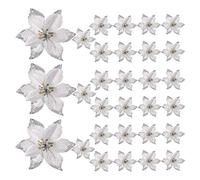 Glayent Paquet de 50 Ornements d'arbre de NoëL de Poinsettia Scintillants Fleurs Artificielles en Soie Choix de Couronnes de DéCoration Guirlande de Vacances (Argent)