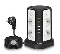 GLCON Tour Multiprise Electrique 8 Prises Pare Foudre avec USB (5 V/5 A) 2500 W Rallonge Multiprise avec 4 interrupteurs, Câble de 3 m Noir