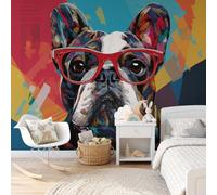 GLCWARM Bouledogue À Lunettes Papier Peint Panoramique 450X315Cm, Animaux Pop Papier Peint Intissé 3D Murale Tableaux Muraux Tapisserie Salon Chambre, Noir Rouge