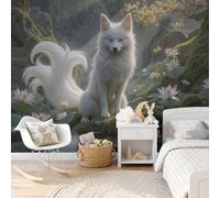 GLCWARM Écoutez White Fox Papier Peint Panoramique 400X280Cm, Illustration Réaliste Papier Peint Intissé 3D Murale Tableaux Muraux Tapisserie Salon Chambre, Blanc-Vert