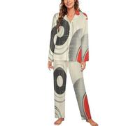 GLCWARM Ensemble de Pyjama pour Femme Géométrie des Lignes Circulaires Manches Longues et Boutons Tenue Maison Doux et Léger pour Femme Vêtement de Nuit Doux Respirant PJS Beige L