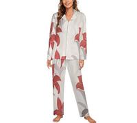 GLCWARM Ensembles De Pyjama Crème Manches Longues Pyjama Fleur Rouge Grise Élégante Deux Pièces Confortable Doux Respirant D'intérieur Sleepwear Vêtements De Nuit Haut Tops Et Pantalon XL