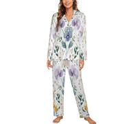 GLCWARM Femme Ensemble de Pyjama à Manches Longue Haut et Pantalon à Taille Élastique Loungewear Ensemble Plante À Fleurs Sauvages Violettes Sleepwear Vêtement de Nuit Doux Respirant Blanc M