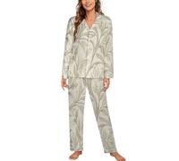 GLCWARM Femme Ensemble de Pyjama à Manches Longue Haut et Pantalon à Taille Élastique Loungewear Ensemble Texture Élégante De Branche De Fleur Sleepwear Vêtement de Nuit Doux Respirant Crème XXL