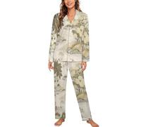 GLCWARM Femme Ensemble de Pyjama à Manches Longue Haut et Pantalon à Taille Élastique Loungewear Ensemble Jardin Paysager Arboré Sleepwear Vêtement de Nuit Doux Respirant Crème M