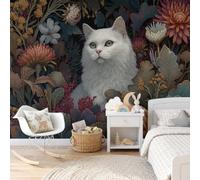 GLCWARM Papier Peint 3D Effet Panoramique De Magnifiques Illustrations 200X140Cm,Poster Intissé Mural Fleurs, Herbe, Chat Blanc Geant Mural Salon Chambre D'Enfants Restaurant Décoration Murale