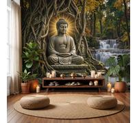GLCWARM Papier Peint Panoramique 3D 250X175Cm Fresque Murale Statue De Bouddha Sous La Cascade | Tapisserie Intissé Sculpture Zen Naturelle Pour Salon Chambre, Bureau Décoration Murale Grande Taille