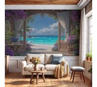 GLCWARM Papier Peint Panoramique 3D Plages Océans 250X175Cm | Papier Peint Murale Intissé Fausse Vue De Fenêtre,Tapisserie Murale Pour Salon Chambre Maison Décoration Intérieure