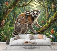 GLCWARM Papier Peint Panoramique Animaux De La Forêt Poster Mural | Lémurien À Couronne Arboricole Papier Peint Intissé Décoration Pour Salon Chambre Restaurant Chambre D'Enfants, 300X210Cm