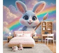GLCWARM Papier Peint Panoramique Animaux Fantastiques De Dessins Animés Poster Mural | Lapin Arc-En-Ciel Papier Peint Intissé Décoration Pour Salon Chambre Restaurant Chambre D'Enfants, 250X175Cm