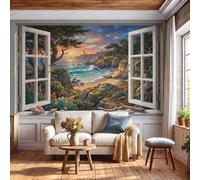 GLCWARM Papier Peint Panoramique Illustration De Scène De Fenêtre Poster Mural | Côte Du Phare Papier Peint Intissé Décoration Pour Salon Chambre Restaurant Chambre D'Enfants, 300X210Cm