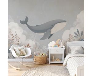 GLCWARM Papier Peint Panoramique Illustrations De Guérison Poster Mural | Baleine Des Nuages Papier Peint Intissé Décoration Pour Salon Chambre Restaurant Chambre D'Enfants, 300X210Cm