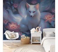 GLCWARM Papier Peint Panoramique Intissé Lotus White Fox 250X175Cm | Papier Peint Illustrations De Dessins Animés Fond Pour Chambre Wallpaper, Fresque Murale Pour Salon Salle Deco Murale