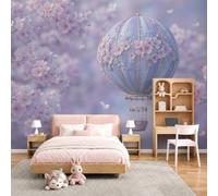 GLCWARM Papier Peint Panoramique Intissé Montgolfière Aux Fleurs De Cerisier 450X315Cm | Papier Peint Paysage De Conte De Fées Fond Pour Chambre Wallpaper, Fresque Murale Pour Salon Salle Deco Murale
