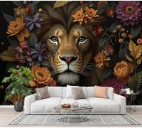 GLCWARM Papier Peint Panoramique Lion Des Fleurs 350X256Cm | Illustrations Abstraites D'Animaux Revêtement Mural Décoration Chambre Design Moderne Intissé Tapisserie Photo Pour Chambre Salon