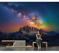 GLCWARM Papier Peint Panoramique Montagnes Enneigées La Nuit 200X140Cm | Papier Peint Poster Mural 3D,Photographie Astronomique Photo Peinture Murale Intissé Fresque Pour Salon Chambre Toile Fond Tv