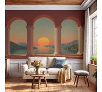 GLCWARM Papier Peint Photo Lac Sunset 350X256Cm | Papier Peint Intissé 3D Rouleau De Mural Arche Colonnes De Pierre Salon Chambre Art Poster Mural, Rouge Terre Cuite