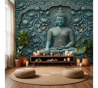 GLCWARM Photographie Papier Peint Panoramique Statue De Bouddha Fleuri 200X140Cm | Fresque Murale, Relief D'Inspiration Zen Papier Peint Intissé, Décoration Image Murale Pour Salon Chambre Bureau Tv