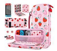 GLDRAM Ensemble de mallette de transport rose fraise pour accessoires Nintendo Switch, joli étui de voyage avec coque en TPU souple, étui de jeu, protecteur d'écran en verre, capuchons pour les