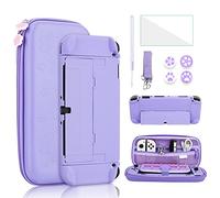 GLDRAM Étui de transport 9 en 1 pour Nintendo Switch OLED - Kit d'accessoires mignons avec étui de voyage, coque en polycarbonate rigide, protecteur d'écran en verre, capuchons de préhension, bracelet, bandoulière pour filles - Violet