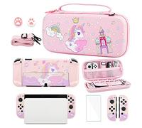 GLDRAM Étui de transport compatible avec Nintendo Switch OLED, coque licorne rose avec étui de voyage, coque en polycarbonate rigide, protecteur d'écran, capuchons de pouce, bandoulière et kit d'accessoires mignons pour filles