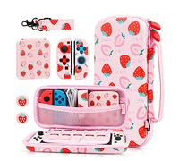 GLDRAM Étui de transport fraise pour Nintendo Switch et OLED, ensemble d'accessoires roses avec sac de voyage portable, 2 coques Joycon en TPU, joli étui pour cartes Switch, bandoulière et 2 capuchons