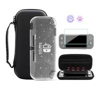 GLDRAM Étui de transport noir pour Nintendo Switch Lite, étui de voyage portable avec 8 emplacements pour cartes de jeu, kit d'accessoires 4 en 1 avec coque de protection transparente en TPU pailleté