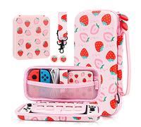 GLDRAM Étui de transport rose fraise pour Nintendo Switch et modèle OLED, protecteur de voyage portable avec joli étui pour cartes de jeu, bandoulière et 2 capuchons de pouce, ensemble d'accessoires