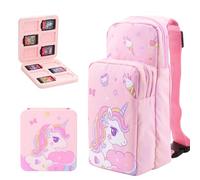 GLDRAM Sac à bandoulière compatible avec Nintendo Switch 2/NS/OLED/Lite, joli étui de rangement portable pour licorne, sac à bandoulière avec étui pour cartes de jeu et 2 capuchons de pouce, rose