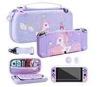 GLDRAM Sac de voyage pour Nintendo Switch OLED avec 10 emplacements pour cartes, étui de transport anti-chute avec coque rigide de protection licorne, protecteur d'écran, bandoulière réglable et 2