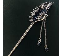 GLDW Pic A Cheveux,Plume d'argent Antique Incrusté De Pompon en Zircon Bleu Bâton À Cheveux Fleur Épingles À Cheveux Chinois Baguettes À Cheveux Vintage Épingle À Cheveux Chignon Broche Baguettes